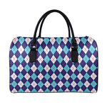 Blue White And Red Argyle Pattern Print Leather Duffle Bag