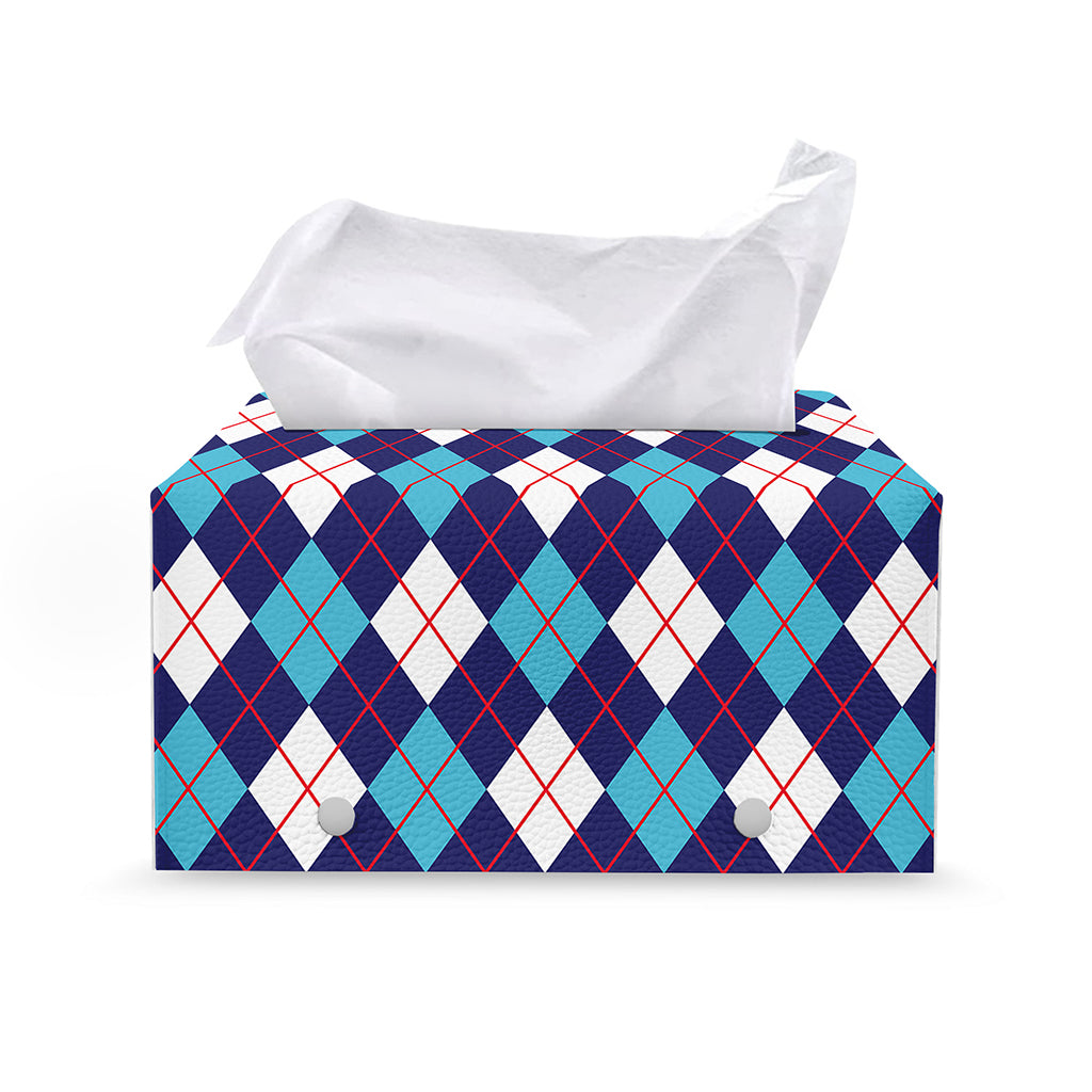 Blue White And Red Argyle Pattern Print Leather Tissue Box Cover