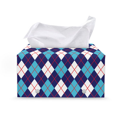 Blue White And Red Argyle Pattern Print Leather Tissue Box Cover