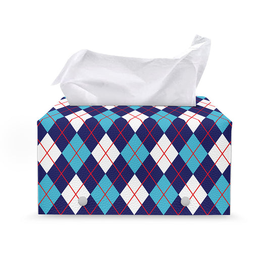 Blue White And Red Argyle Pattern Print Leather Tissue Box Cover
