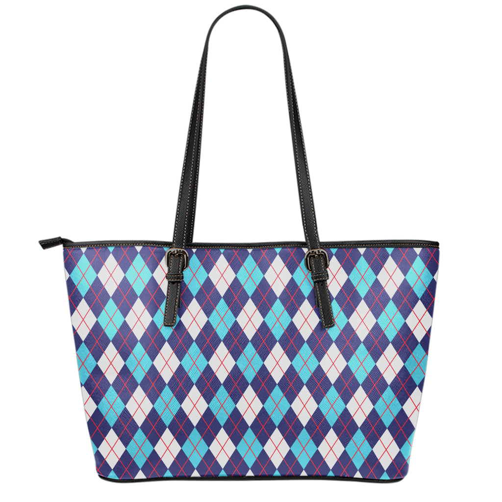 Blue White And Red Argyle Pattern Print Leather Tote Bag