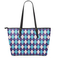Blue White And Red Argyle Pattern Print Leather Tote Bag With Zipper