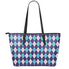 Blue White And Red Argyle Pattern Print Leather Tote Bag