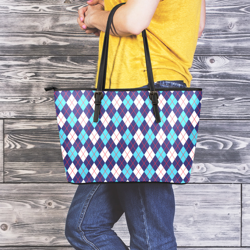 Blue White And Red Argyle Pattern Print Leather Tote Bag