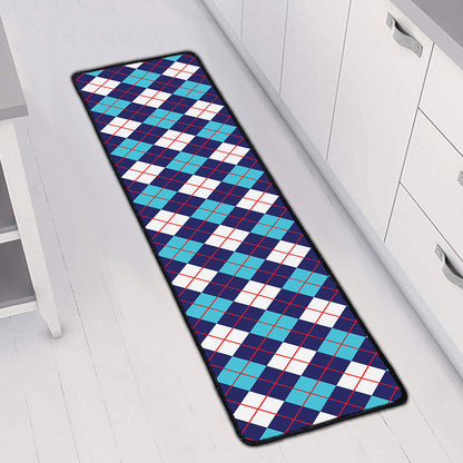 Blue White And Red Argyle Pattern Print Long Kitchen Mat