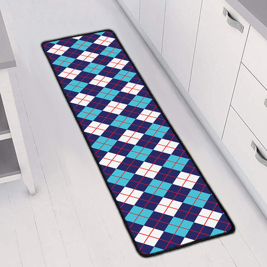 Blue White And Red Argyle Pattern Print Long Kitchen Mat