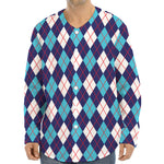 Blue White And Red Argyle Pattern Print Long Sleeve Baseball Jersey