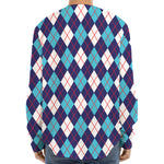 Blue White And Red Argyle Pattern Print Long Sleeve Baseball Jersey