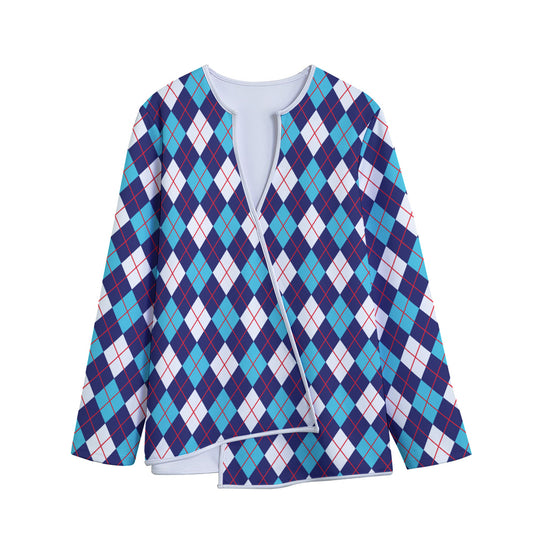 Blue White And Red Argyle Pattern Print Long Sleeve Short Coat