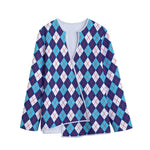 Blue White And Red Argyle Pattern Print Long Sleeve Short Coat