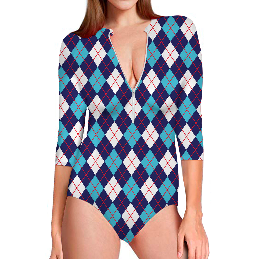 Blue White And Red Argyle Pattern Print Long Sleeve Swimsuit