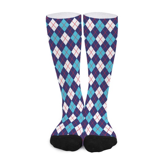 Blue White And Red Argyle Pattern Print Long Socks