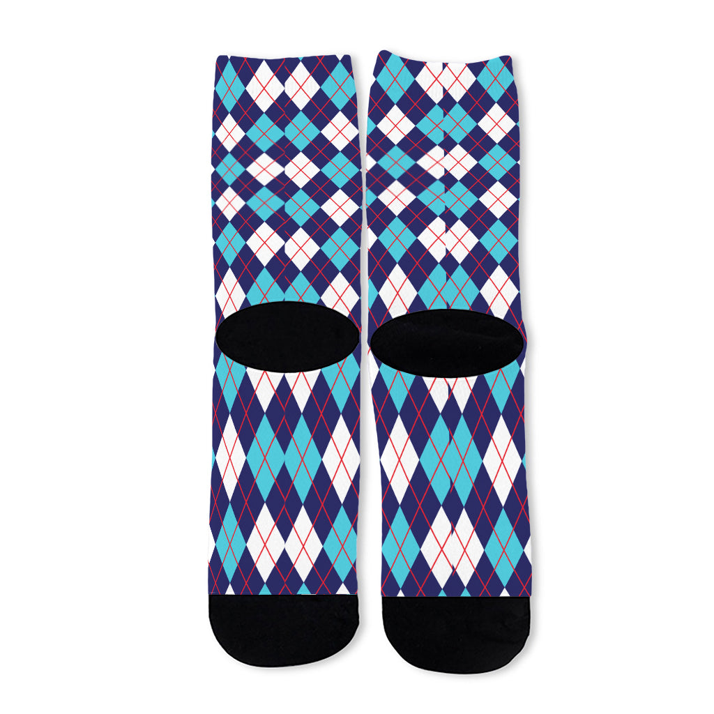 Blue White And Red Argyle Pattern Print Long Socks