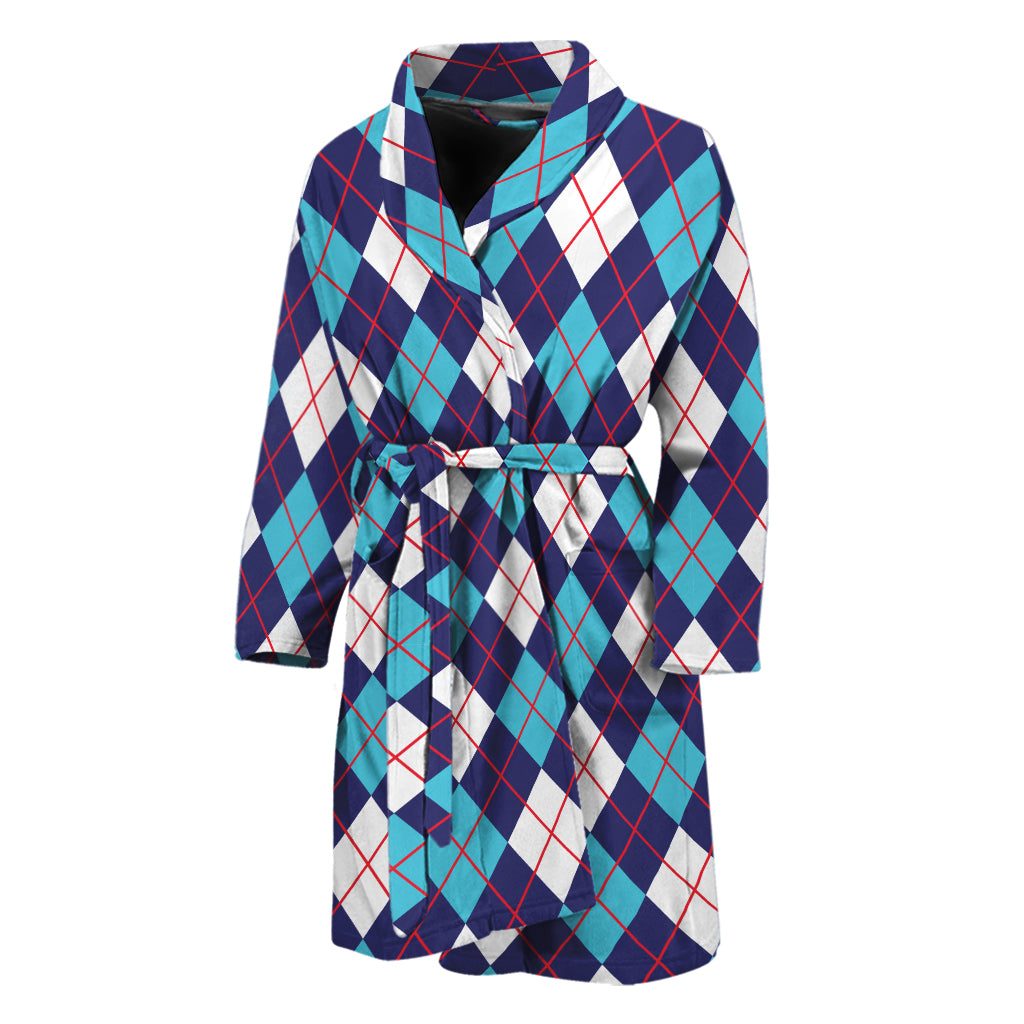 Blue White And Red Argyle Pattern Print Men's Bathrobe