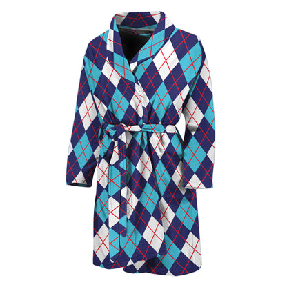 Blue White And Red Argyle Pattern Print Men's Bathrobe