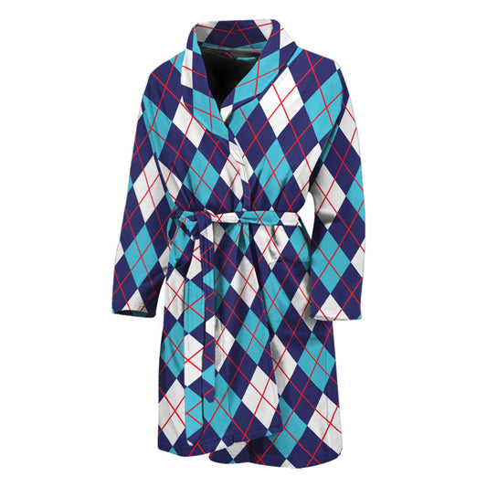 Blue White And Red Argyle Pattern Print Men's Bathrobe
