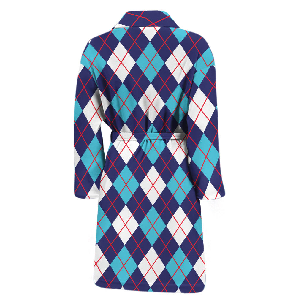 Blue White And Red Argyle Pattern Print Men's Bathrobe