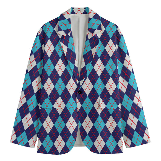 Blue White And Red Argyle Pattern Print Men's Blazer