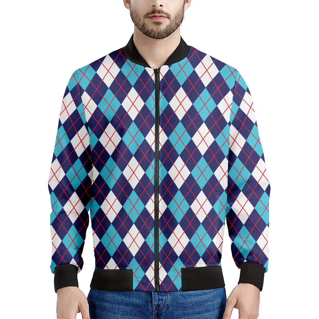 Blue White And Red Argyle Pattern Print Men's Bomber Jacket
