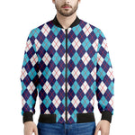 Blue White And Red Argyle Pattern Print Men's Bomber Jacket