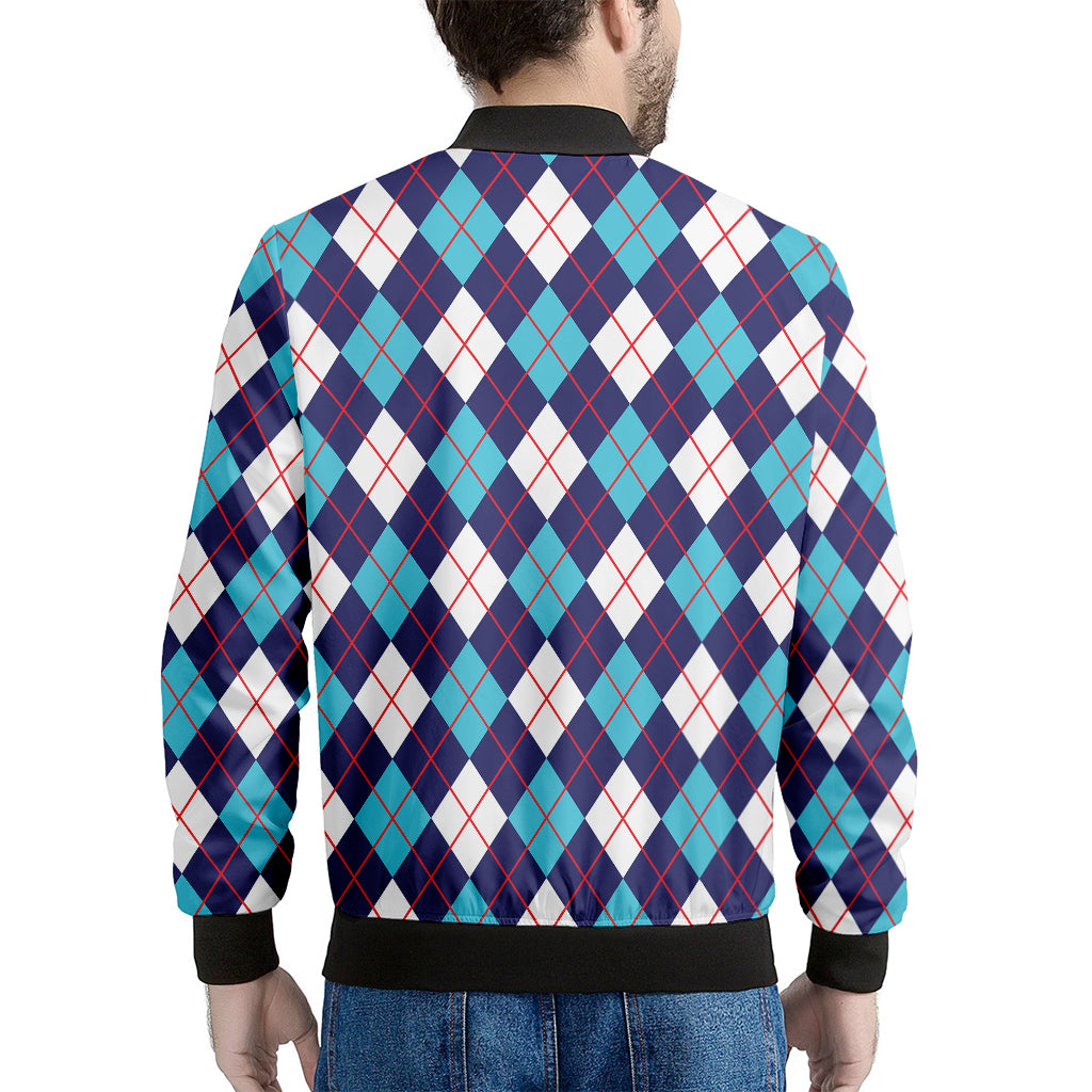 Blue White And Red Argyle Pattern Print Men's Bomber Jacket