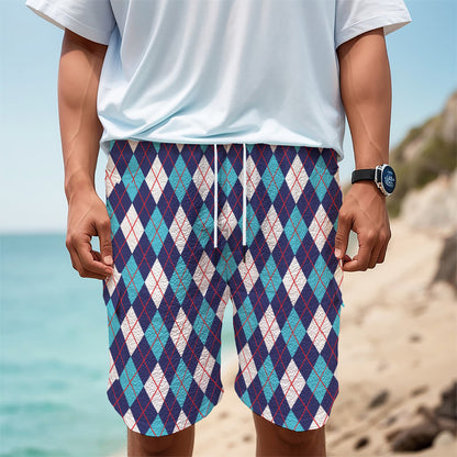 Blue White And Red Argyle Pattern Print Men's Cargo Shorts