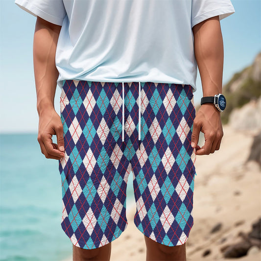 Blue White And Red Argyle Pattern Print Men's Cargo Shorts