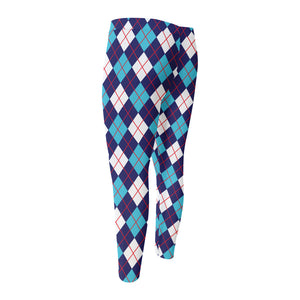 Blue White And Red Argyle Pattern Print Men's Compression Pants