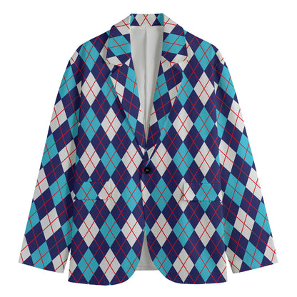 Blue White And Red Argyle Pattern Print Men's Cotton Blazer
