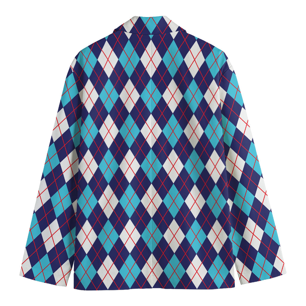Blue White And Red Argyle Pattern Print Men's Cotton Blazer