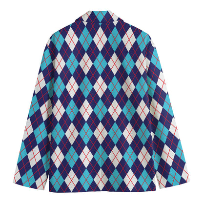 Blue White And Red Argyle Pattern Print Men's Cotton Blazer