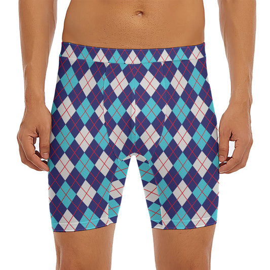 Blue White And Red Argyle Pattern Print Men's Long Boxer Briefs