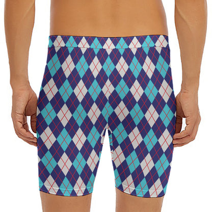 Blue White And Red Argyle Pattern Print Men's Long Boxer Briefs