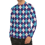 Blue White And Red Argyle Pattern Print Men's Long Sleeve Rash Guard
