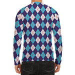 Blue White And Red Argyle Pattern Print Men's Long Sleeve Rash Guard