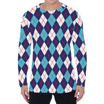 Blue White And Red Argyle Pattern Print Men's Long Sleeve T-Shirt