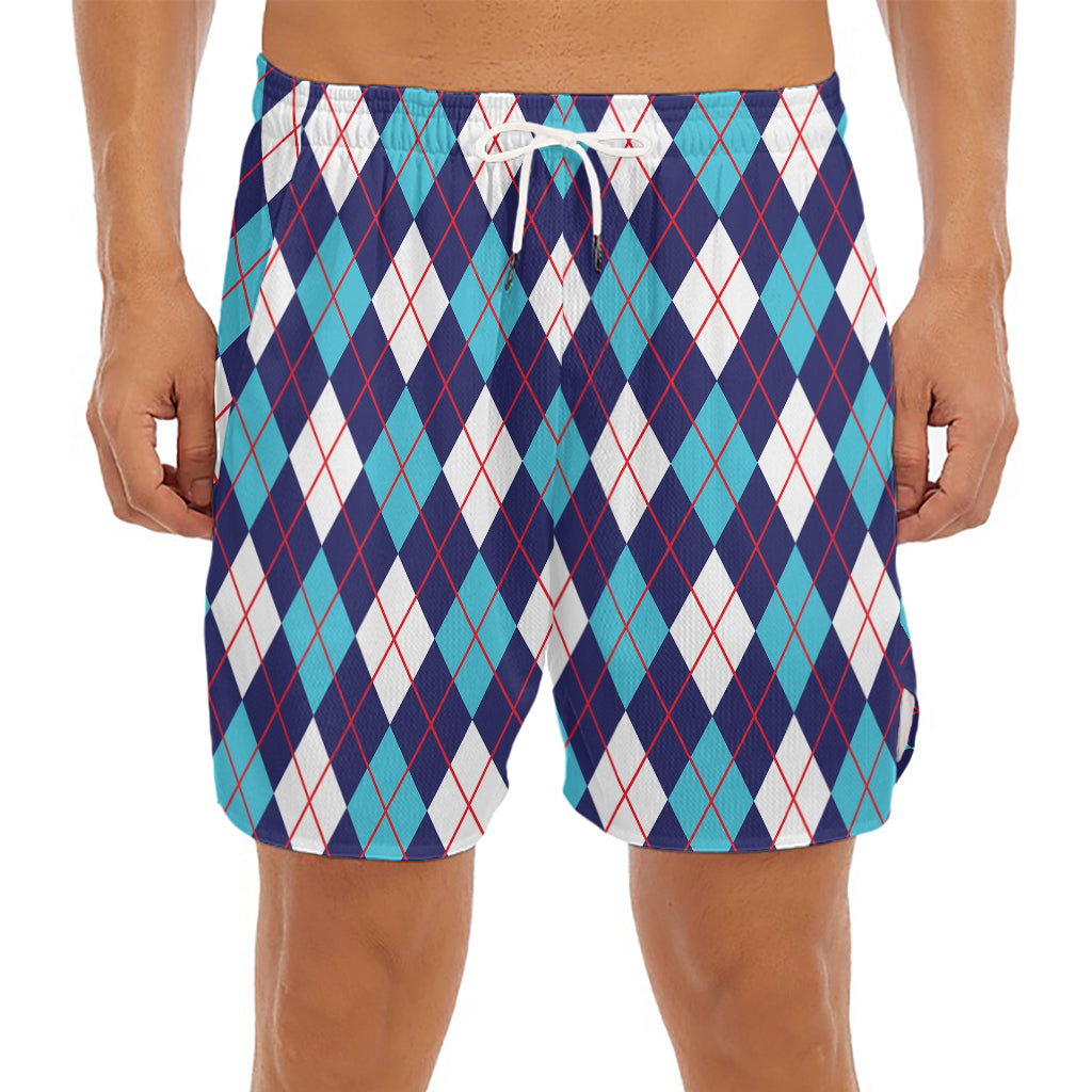 Blue White And Red Argyle Pattern Print Men's Split Running Shorts