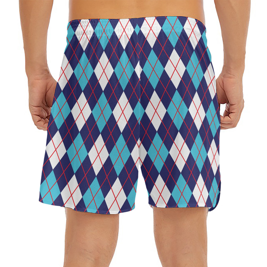 Blue White And Red Argyle Pattern Print Men's Split Running Shorts