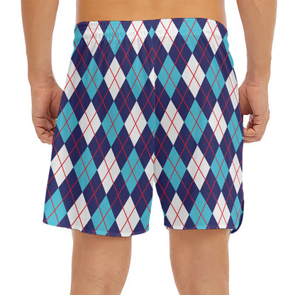 Blue White And Red Argyle Pattern Print Men's Split Running Shorts