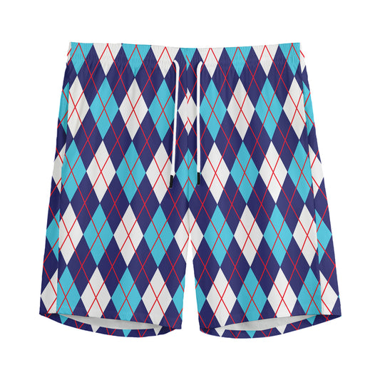 Blue White And Red Argyle Pattern Print Men's Sports Shorts