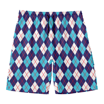 Blue White And Red Argyle Pattern Print Men's Swim Trunks
