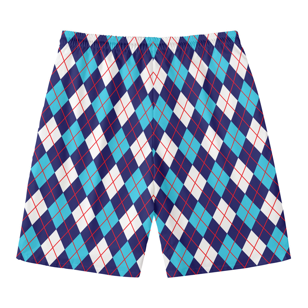 Blue White And Red Argyle Pattern Print Men's Swim Trunks