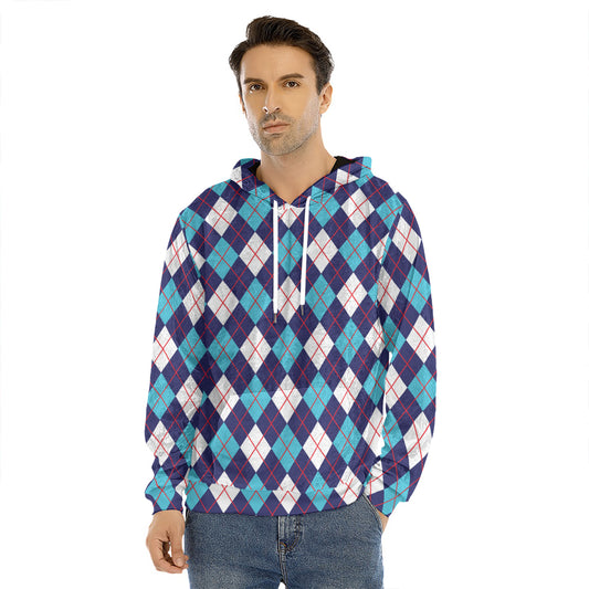 Blue White And Red Argyle Pattern Print Men's Velvet Pullover Hoodie