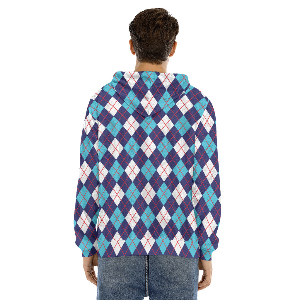 Blue White And Red Argyle Pattern Print Men's Velvet Pullover Hoodie