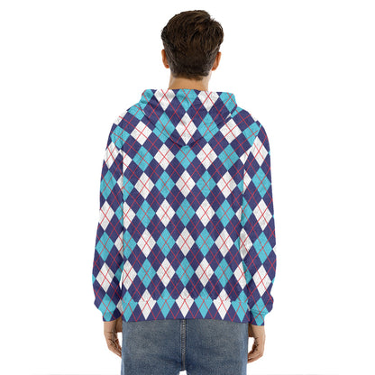 Blue White And Red Argyle Pattern Print Men's Velvet Pullover Hoodie