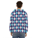 Blue White And Red Argyle Pattern Print Men's Velvet Pullover Hoodie