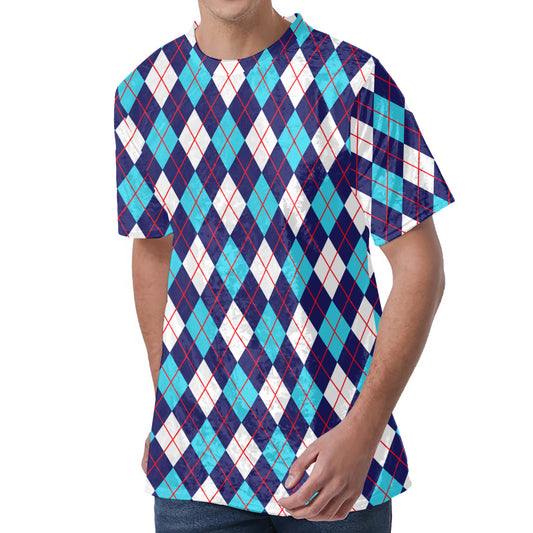 Blue White And Red Argyle Pattern Print Men's Velvet T-Shirt