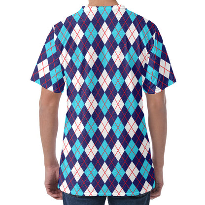 Blue White And Red Argyle Pattern Print Men's Velvet T-Shirt