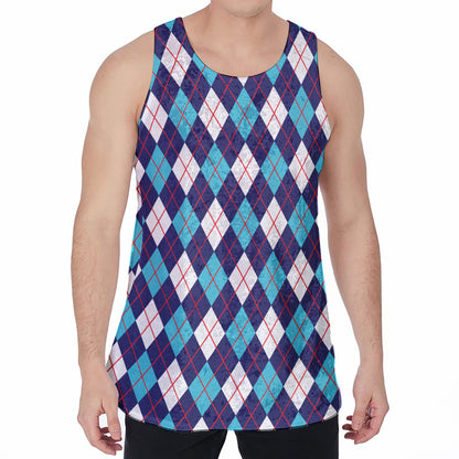 Blue White And Red Argyle Pattern Print Men's Velvet Tank Top