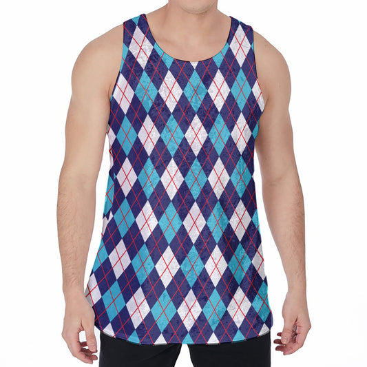 Blue White And Red Argyle Pattern Print Men's Velvet Tank Top